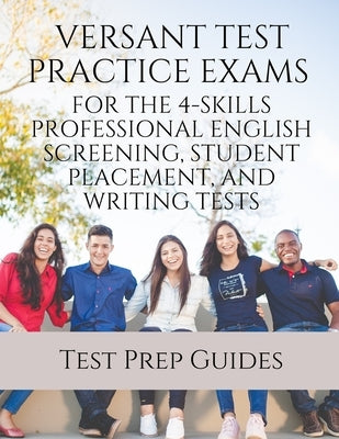 Paperback book titled "Versant Test Practice Exams" by Test Prep Guides for 4-skills English screening, with answers and free MP3s.