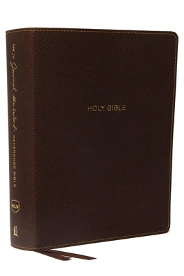 NKJV Journal the Word Reference Bible by Thomas Nelson, brown imitation leather, red letter edition, comfort print, open pages with scripture.