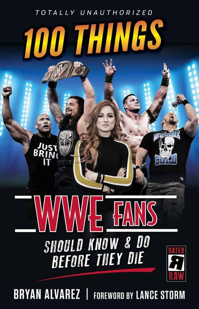 Paperback book titled "100 Things WWE Fans Should Know & Do Before They Die" by Triumph Books, featuring WWE-related content.
