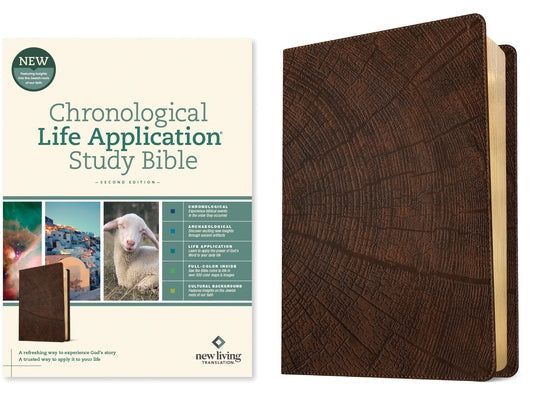 Leatherlike Heritage Oak Brown NLT Chronological Life Application Study Bible by Tyndale House Publishers, open pages with text.