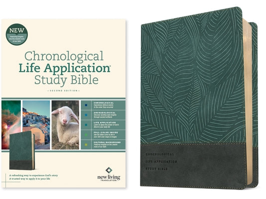 NLT Chronological Life Application Study Bible, Second Edition in leatherlike Palm Forest Teal with detailed cover and open pages.