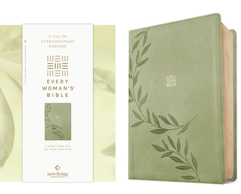 NLT Every Woman's Bible by Tyndale House in olive green leatherlike cover with red letter text, filament-enabled for easy reading.