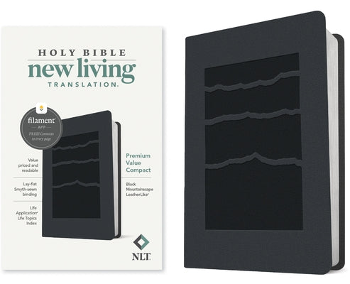 Black leatherlike NLT Premium Value Compact Bible with filament-enabled features by Tyndale House Publishers.