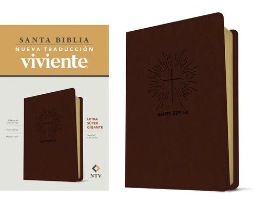 Santa Biblia NTV Letra Súper Gigante in Sentipiel Café Oscuro with red text, featuring large print Bible by Tyndale House Publishers.