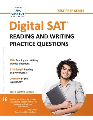 Paperback Digital SAT Reading and Writing Practice Questions book by Vibrant Publishers with sample pages visible.