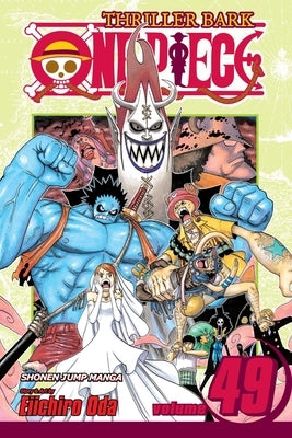 Paperback copy of One Piece Vol. 49 by Viz Media featuring colorful cover art and spine with title and volume number.
