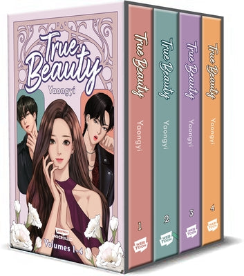 Webtoon Unscrolled True Beauty box set with four paperback volumes, featuring colorful covers and manga-style artwork.