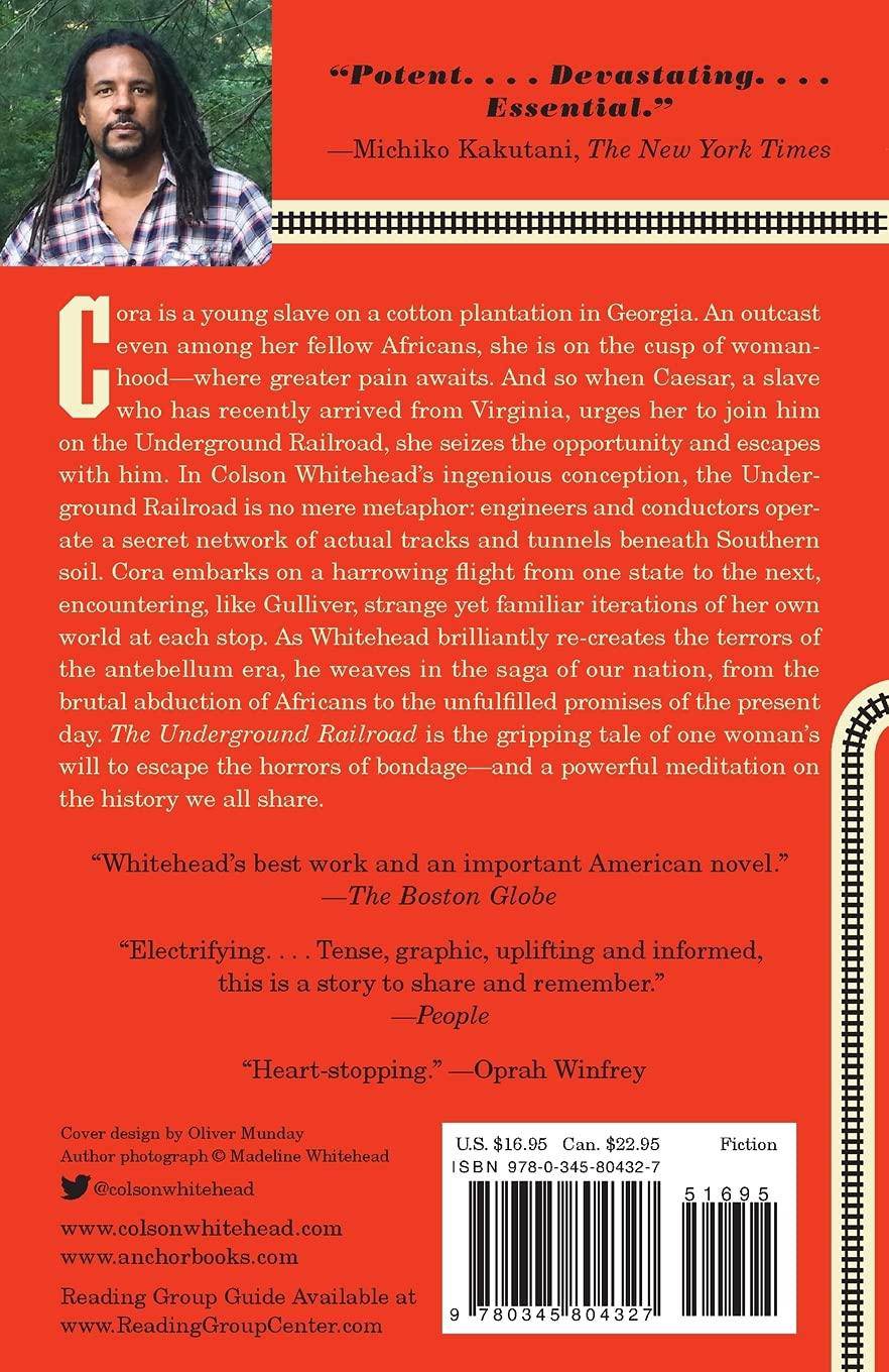 Cover of The Underground Railroad by Colson Whitehead, a historical fiction novel with dark and impactful imagery.