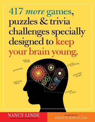 Paperback book titled "417 More Games, Puzzles & Trivia Challenges" by Workman Publishing, featuring colorful cover design.