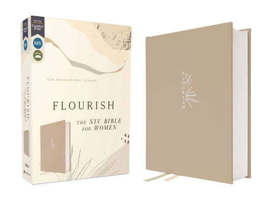Zondervan Flourish NIV Bible for Women with cream cloth-over-board cover and comfort print, open to pages with decorative floral design