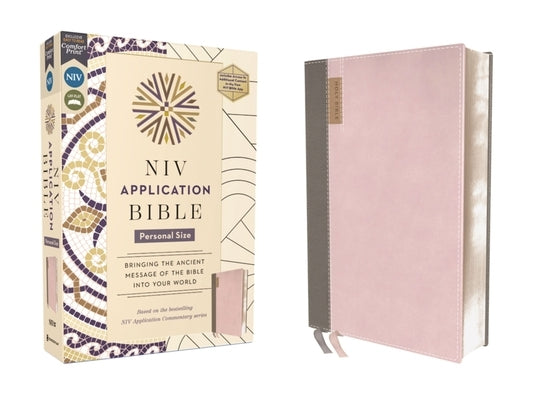 Zondervan NIV Application Bible in pink and gray Leathersoft, personal size with red letter text and comfort print design.