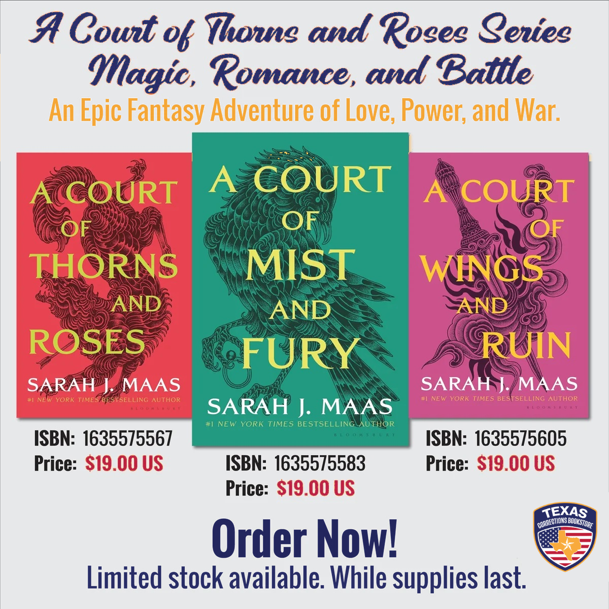 Flyer featuring three Sarah J. Maas books: A Court of Thorns and Roses, A Court of Mist and Fury, and A Court of Wings and Ruin