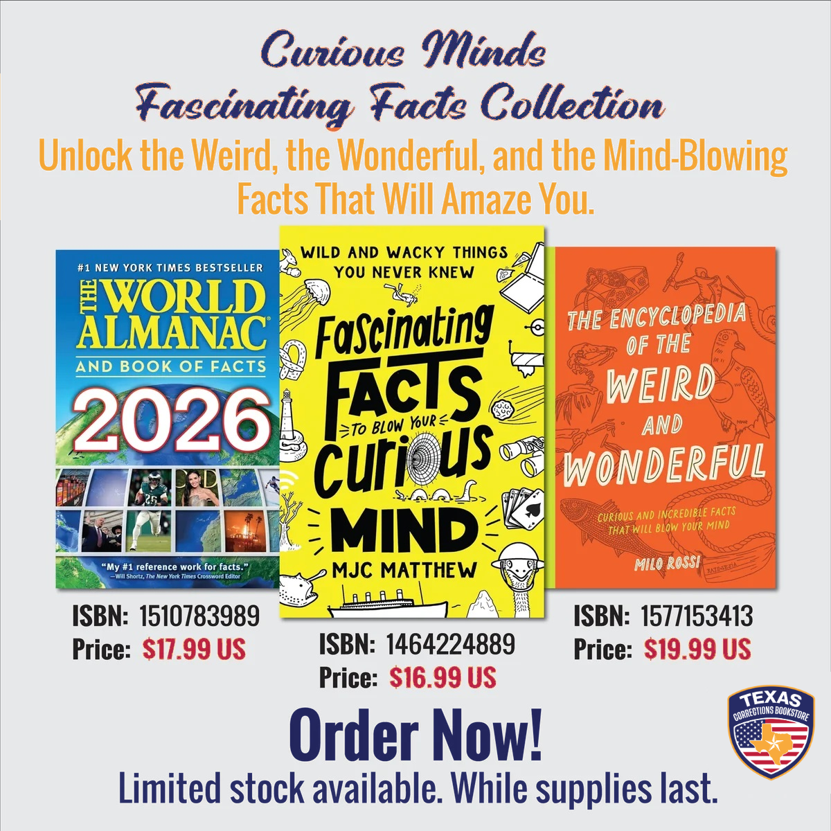 Curious Minds bundle flyer featuring three almanac and fascinating facts books