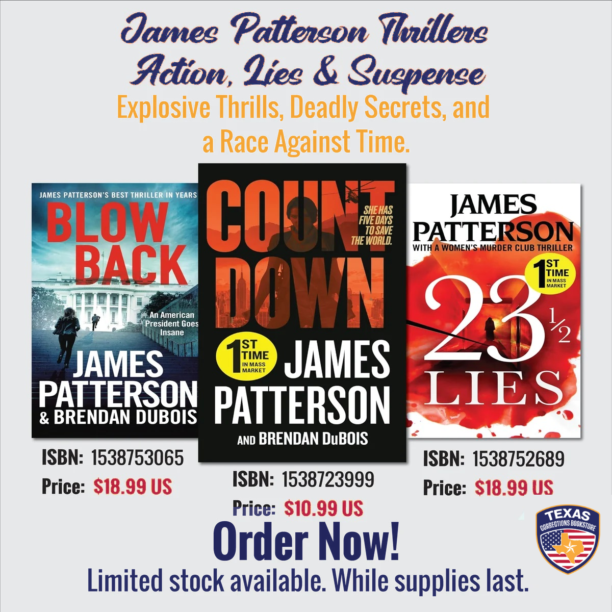 James Patterson thriller bundle flyer featuring Blowback, Countdown, and 23 1/2 Lies