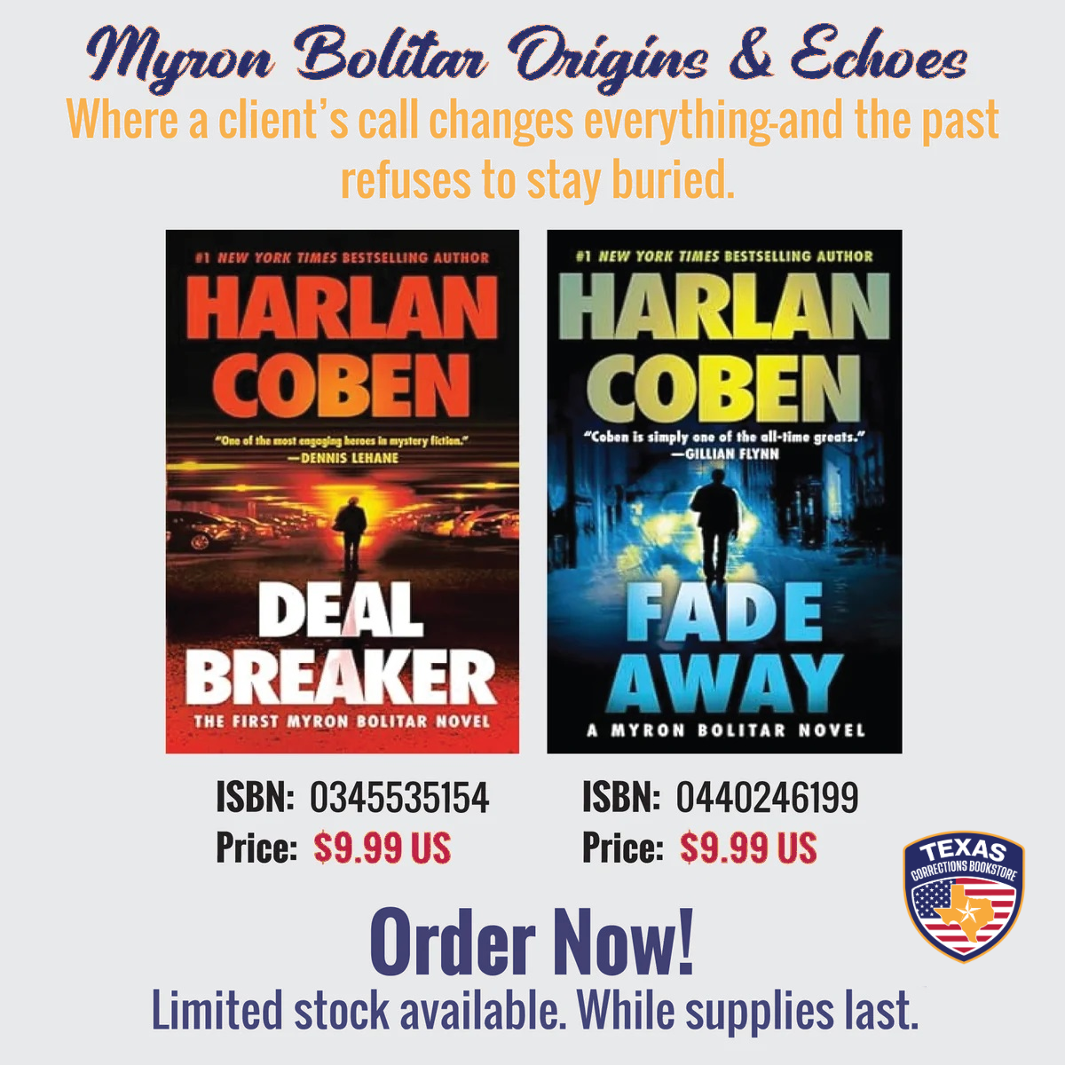 Myron Bolitar Origins & Echoes flyer featuring Deal Breaker and Fade Away by Harlan Coben