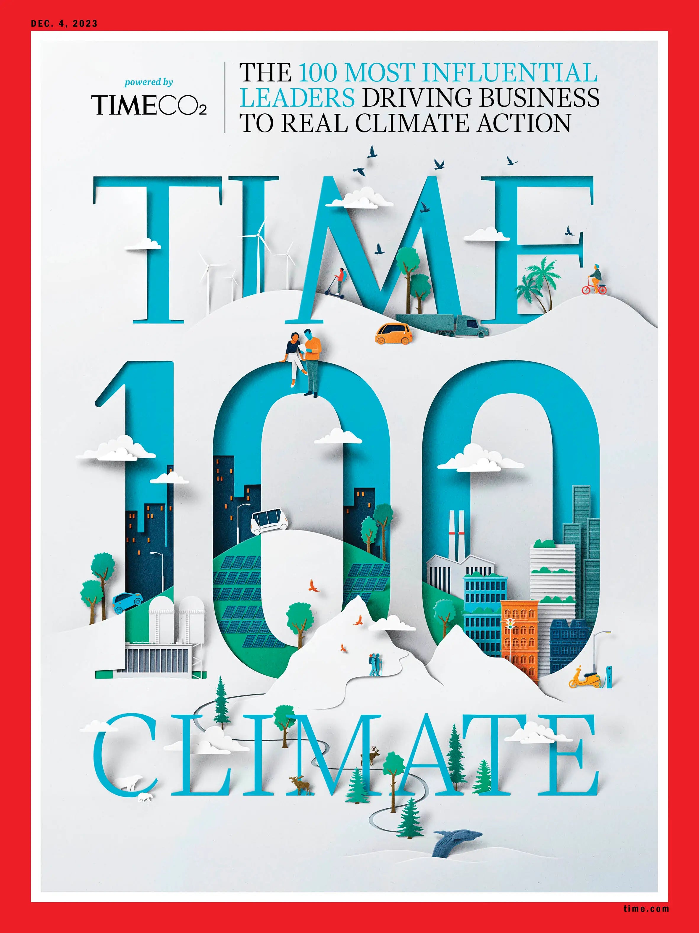 Time Magazine cover featuring the 100 Most Influential Climate Leaders in Business with vibrant imagery and bold headlines.