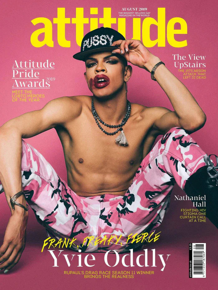 Attitude Magazine August 2019 cover featuring Yvie Oddly, a vibrant gay magazine for the LGBTQ+ community.