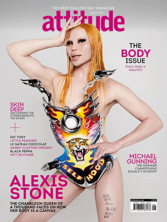 Attitude Magazine August 2021 cover featuring Alexis Stone, showcasing vibrant colors and bold graphics.