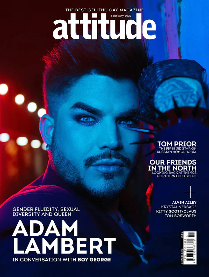 Cover of Attitude Magazine featuring Adam Lambert, February 2022 edition, showcasing vibrant colors and engaging design.