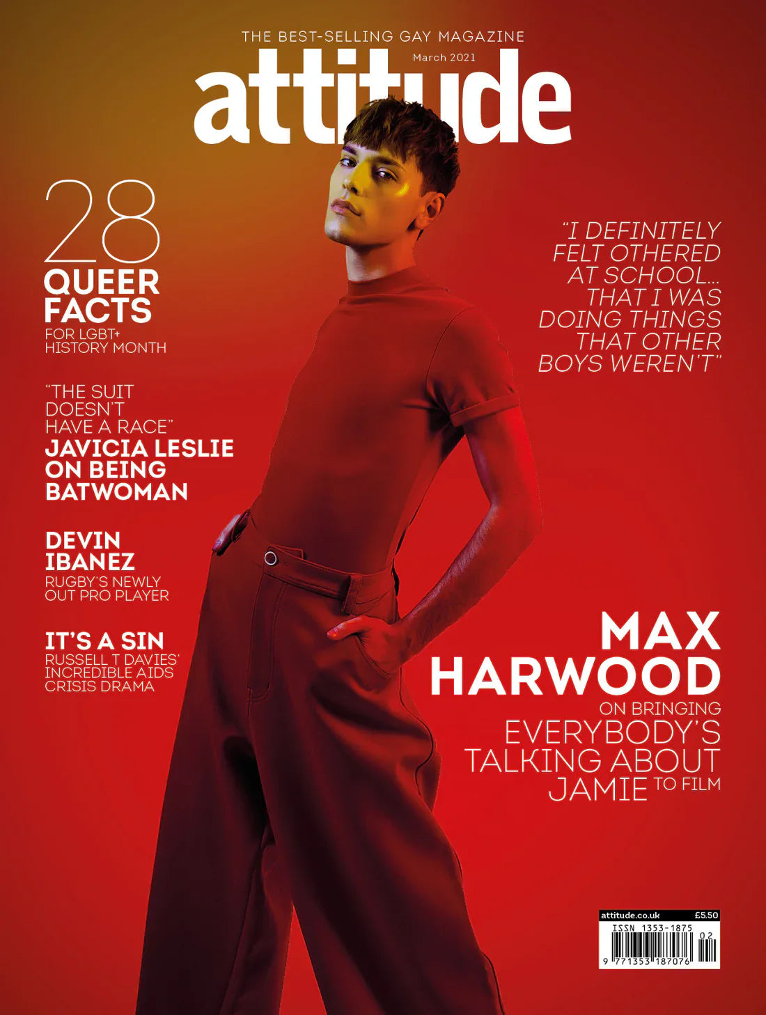 March 2021 issue of Attitude Magazine featuring Max Harwood, highlighting LGBTQ+ content and culture.