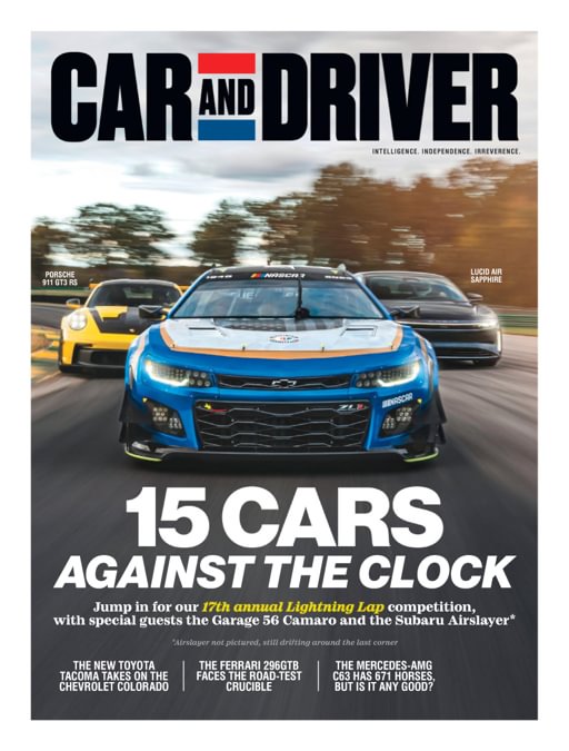 Car & Driver Magazine cover featuring automotive news, reviews, and features with sleek car imagery and bold typography.