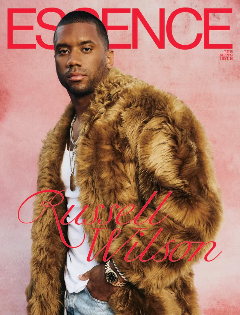 Cover of Essence Magazine featuring Russell Wilson for March-April issue, showcasing vibrant colors and bold typography.
