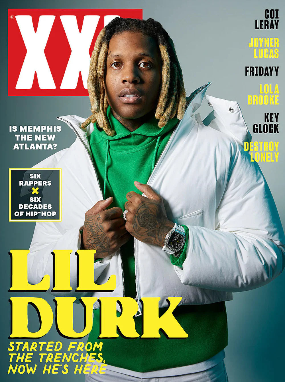 Lil Durk featured on the cover of XXL Magazine, showcasing vibrant graphics and bold typography.