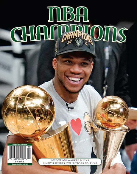 Milwaukee Bucks 2020-21 NBA Champions book by Lindy's Sports showing team logo and championship celebration on cover.