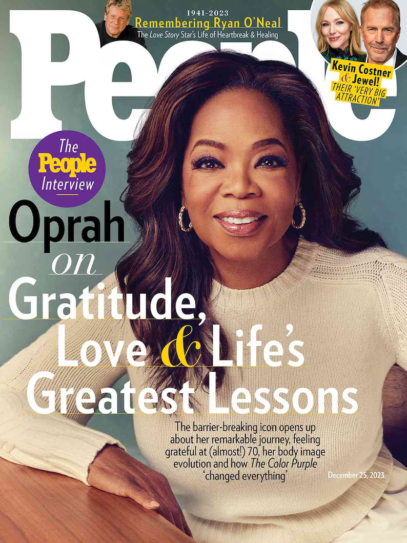 Oprah Winfrey cover feature on gratitude and love in People Magazine, showcasing vibrant colors and engaging layout.