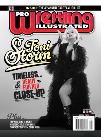 Pro Wrestling Illustrated magazine cover featuring Toni Storm, March 2024 edition with vibrant colors and dynamic imagery.