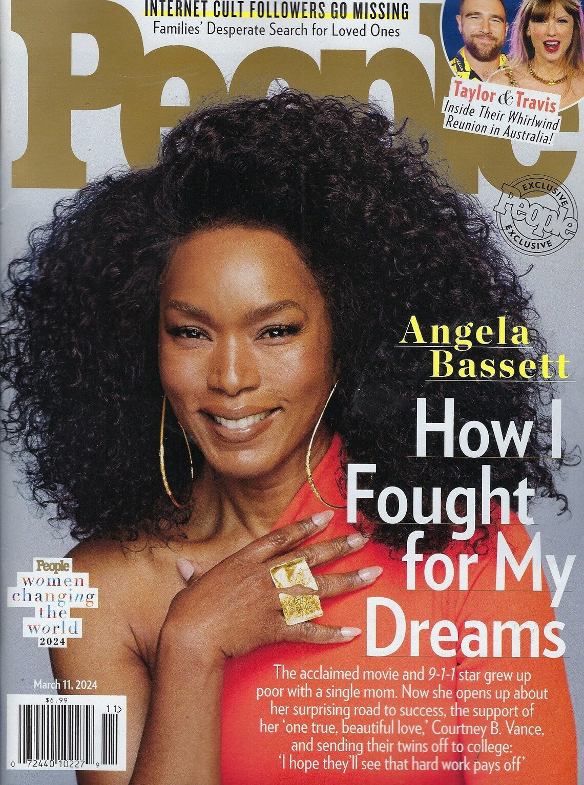 Cover of People Magazine featuring Angela Bassett on the front, showcasing her portrait and magazine title.