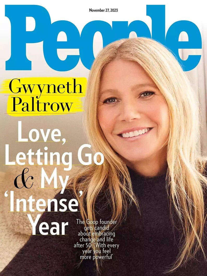 Cover of People Magazine featuring Gwyneth Paltrow, showcasing her portrait and article highlights.