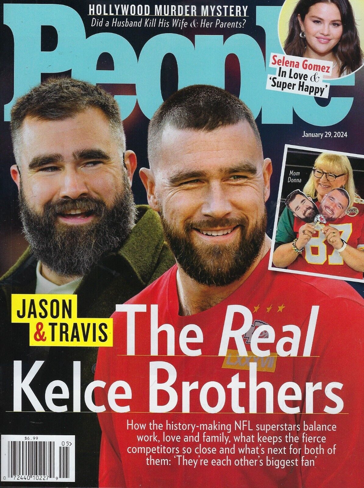 Cover of People Magazine featuring the real Kelce brothers in a candid moment.