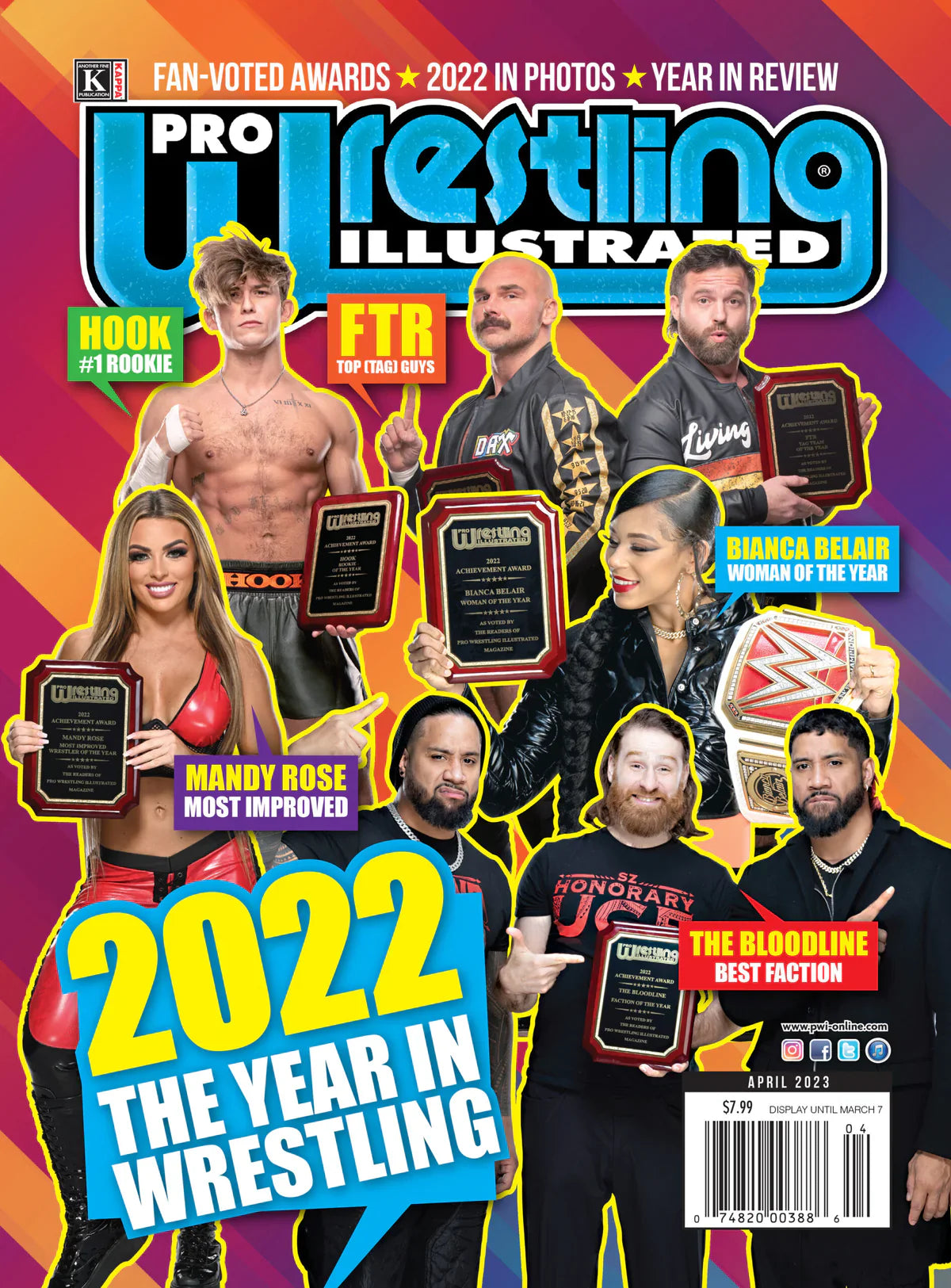 Pro Wrestling Illustrated magazine cover featuring March 2023 issue with wrestling imagery and bold headlines.