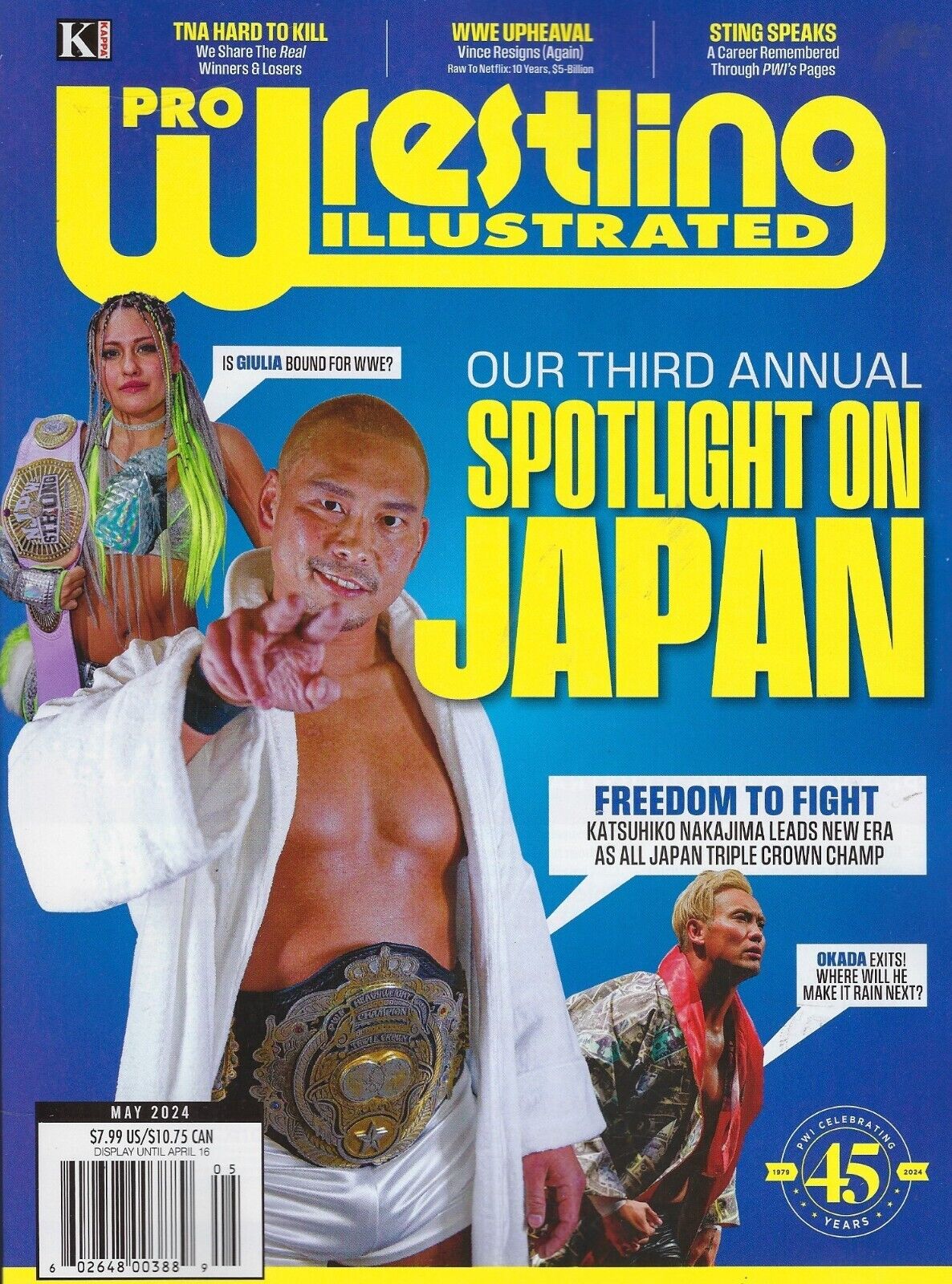 Pro Wrestling Illustrated magazine cover featuring wrestling stars, May 2024 issue with vibrant colors and dynamic design.
