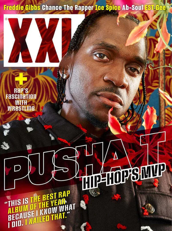 Pusha T featured on the cover of XXL Magazine, showcasing his striking pose and bold graphics.