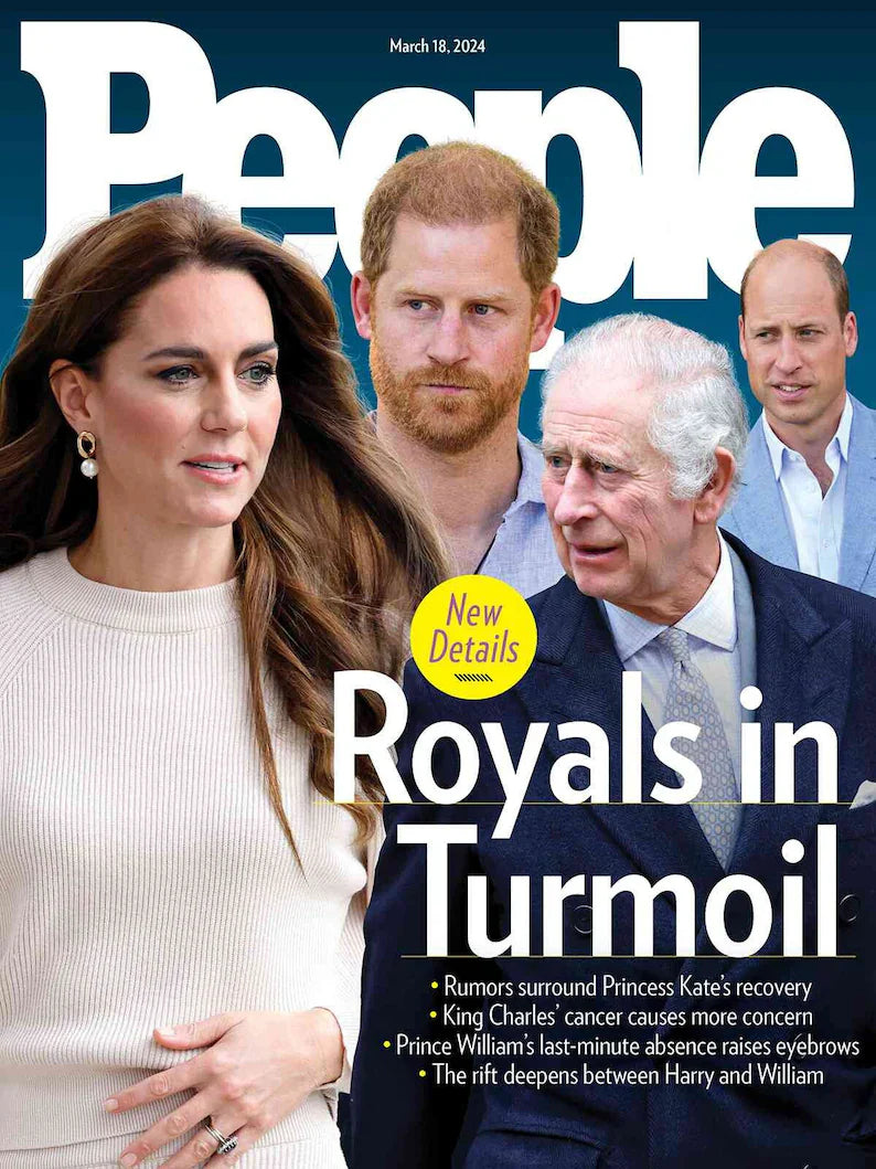 People Magazine cover featuring the headline "Royals in Turmoil" with images of royal figures and bold, colorful text.