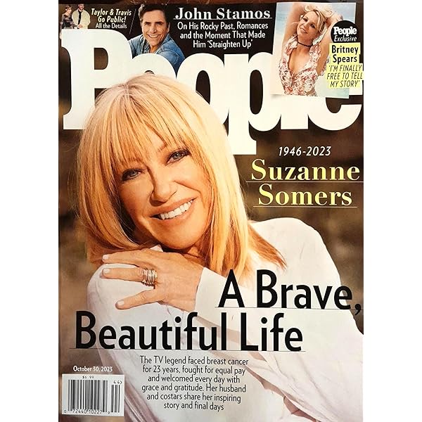 Cover of People Magazine featuring Suzanne Somers in a bright, colorful layout with bold headlines and images.