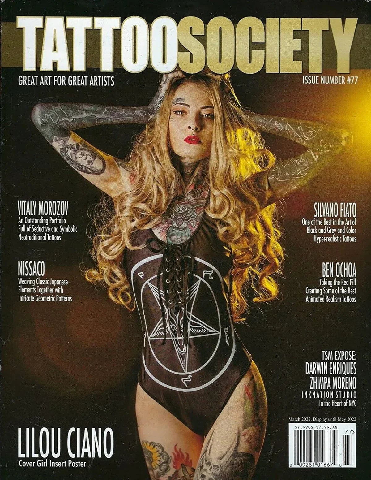 Tattoo Society Magazine Issue 77 featuring vibrant tattoo art and articles on tattoo culture and artists.