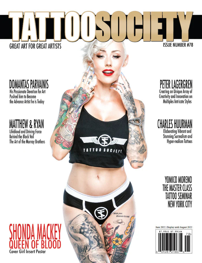 Tattoo Society Magazine Issue 78 featuring stunning tattoo art and artist interviews on the cover.