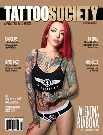 Tattoo Society Magazine Issue 82 showcasing stunning tattoo art and designs on its cover.
