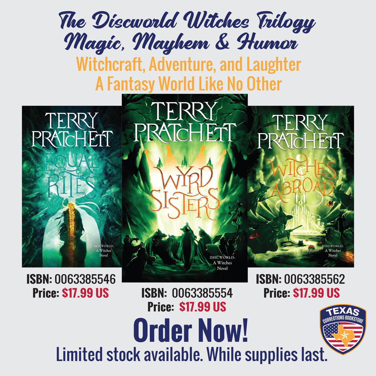 Terry Pratchett Discworld Witches three-book bundle: Equal Rites, Wyrd Sisters and Witches Abroad covers