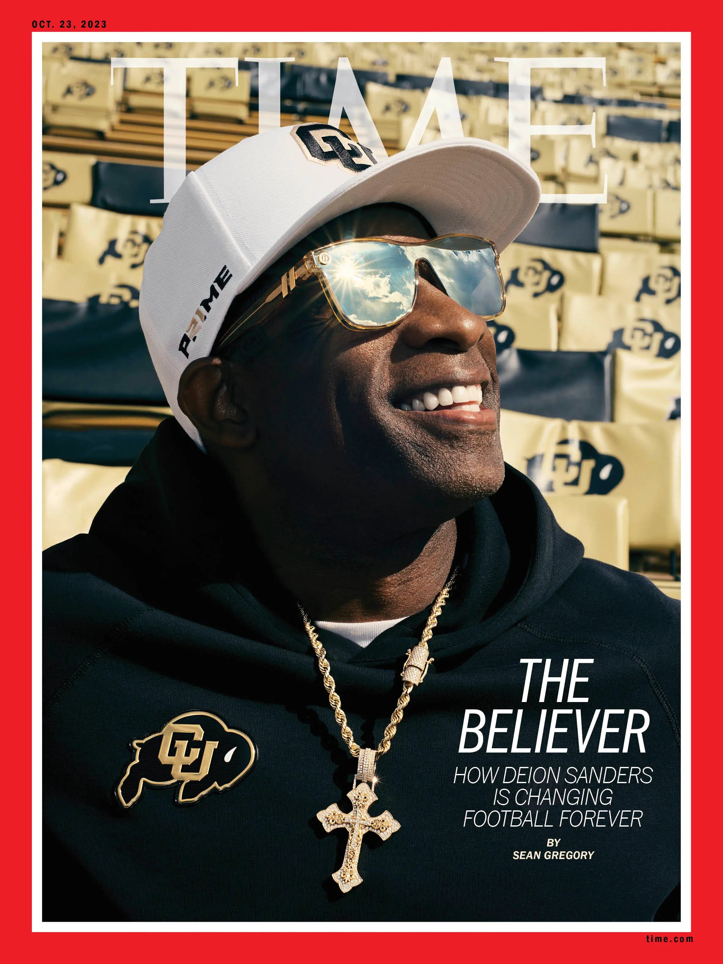 Time Magazine cover featuring Deion Sanders, showcasing a portrait and engaging headline in vibrant colors.