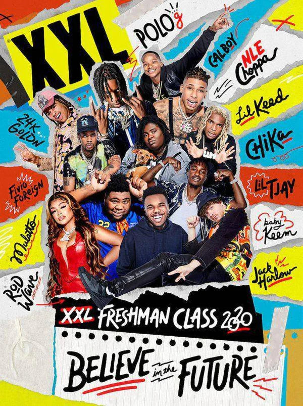 XXL Magazine cover featuring the 2020 Freshman Class, showcasing emerging hip-hop artists and vibrant graphics.