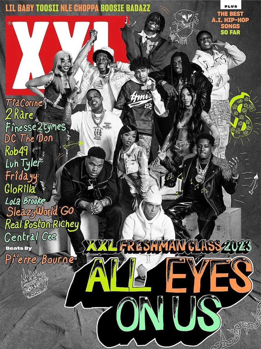 Cover of XXL Magazine featuring the Freshman Class of 2023 with vibrant artwork and featured artists.