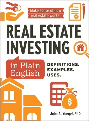 Hardcover book titled "Real Estate Investing in Plain English" by Adams Media Corporation, featuring the cover with title and author.