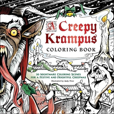 A Creepy Krampus Coloring Book paperback by Adams Media Corporation featuring 30 spooky and festive holiday coloring scenes.