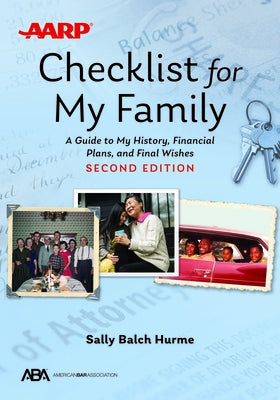 Paperback guide by American Bar Association titled "Aba/AARP Checklist for My Family" with information on family history, finances, and wishes.
