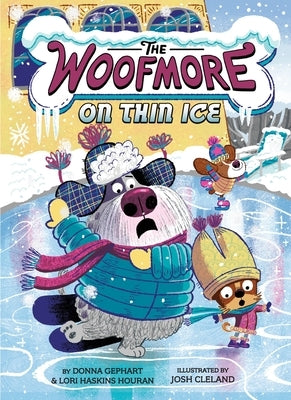 Paperback of The Woofmore on Thin Ice, third book in the Woofmore series by Amulet Books, featuring a colorful cover illustration.