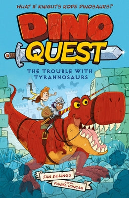 Paperback book titled Dino Quest: The Trouble with Tyrannosaurs by Arcturus Editions, featuring colorful dinosaur and knight illustrations.